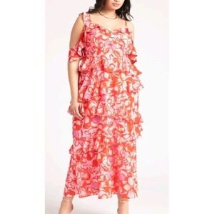 New Eloquii Red Pink Ruffle Feminine Maxi Dress Sz 16